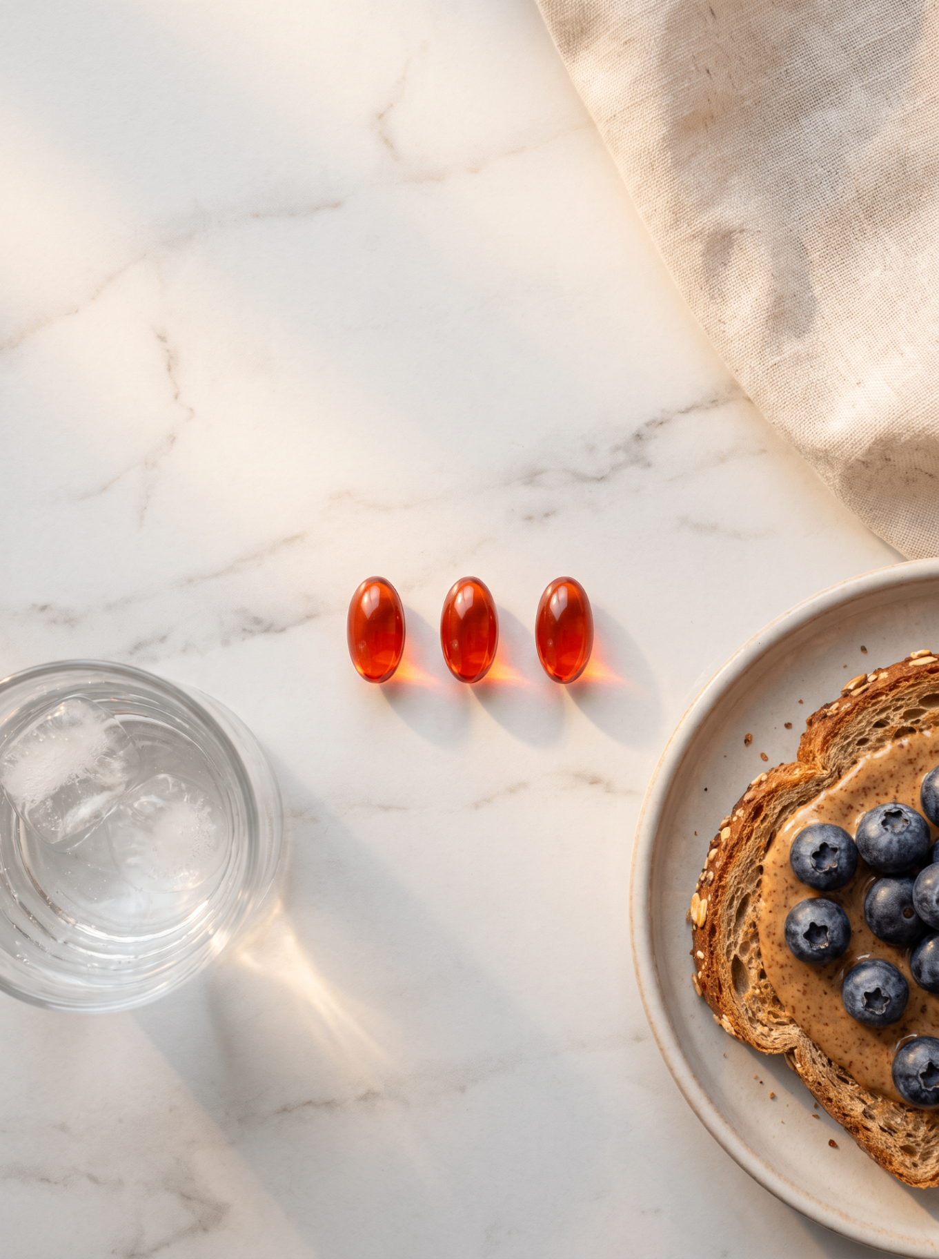 Three Circova softgels beside a glass of water and breakfast